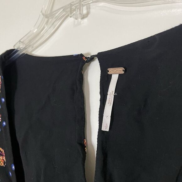 Free People Black Floral Star-Print Smocked long sleeve Mini Dress Size Small - Picture 4 of 7